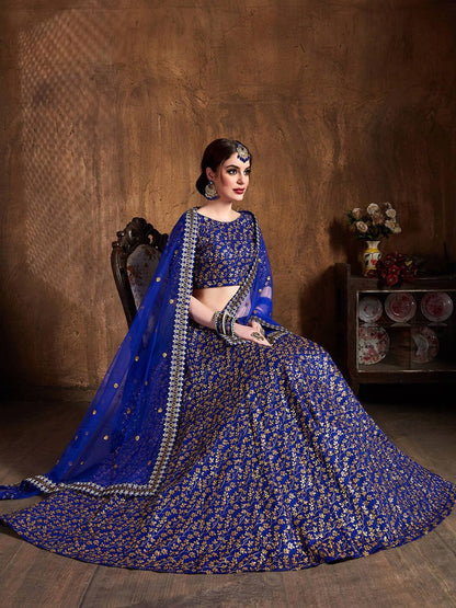 Women Blue & Gold Thread Work Semi-Stitched Lehenga & Unstitched Blouse & Dupatta