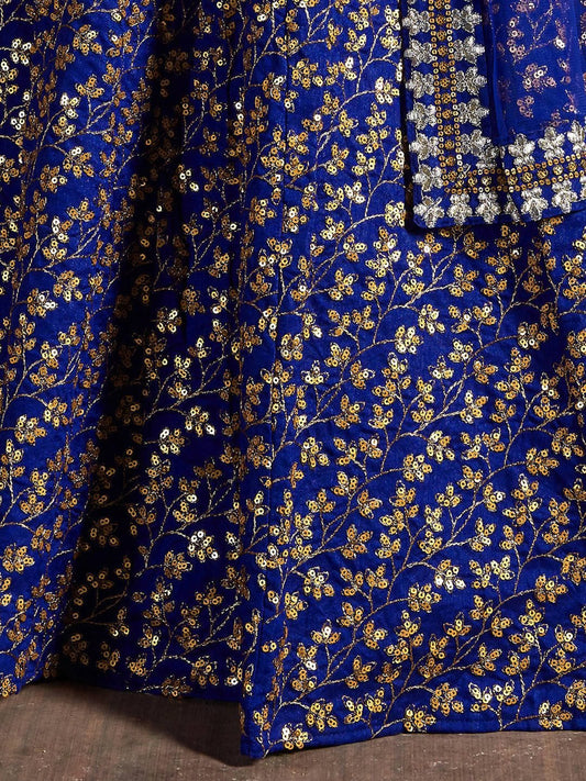 Women Blue & Gold Thread Work Semi-Stitched Lehenga & Unstitched Blouse & Dupatta