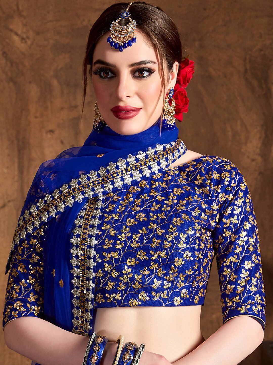 Women Blue & Gold Thread Work Semi-Stitched Lehenga & Unstitched Blouse & Dupatta