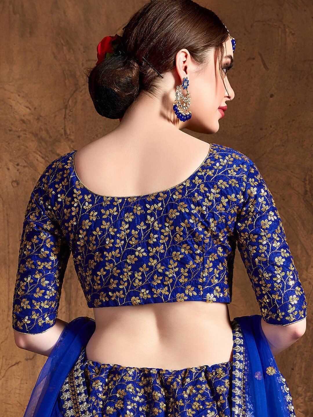 Women Blue & Gold Thread Work Semi-Stitched Lehenga & Unstitched Blouse & Dupatta