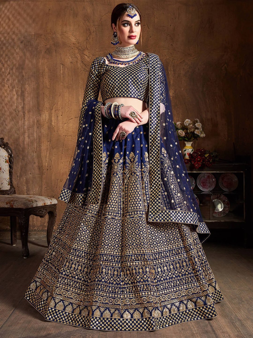 Women Navy Blue & Gold Embroidered Semi-Stitched Lehenga Choli Set