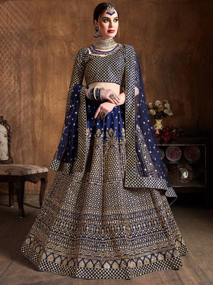 Women Navy Blue & Gold Embroidered Semi-Stitched Lehenga Choli Set