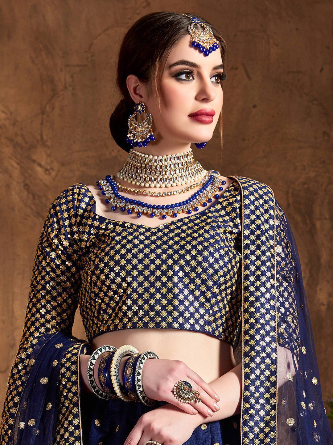 Women Navy Blue & Gold Embroidered Semi-Stitched Lehenga Choli Set