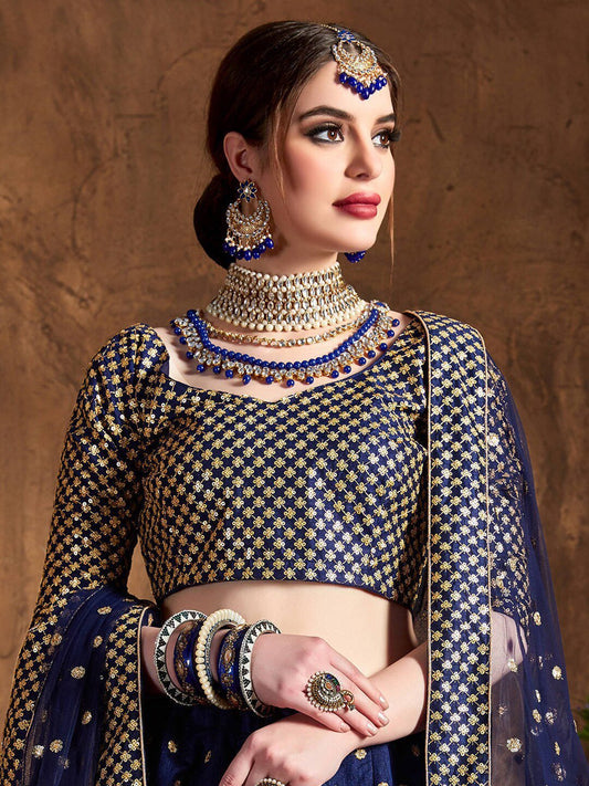Women Navy Blue & Gold Embroidered Semi-Stitched Lehenga Choli Set