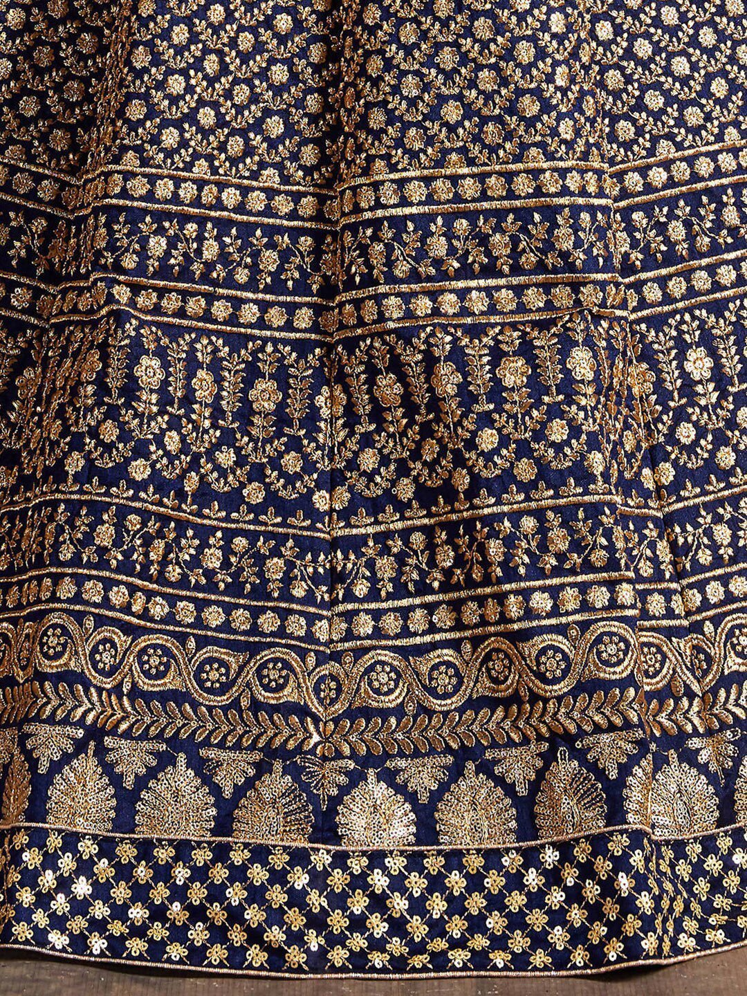 Women Navy Blue & Gold Embroidered Semi-Stitched Lehenga Choli Set