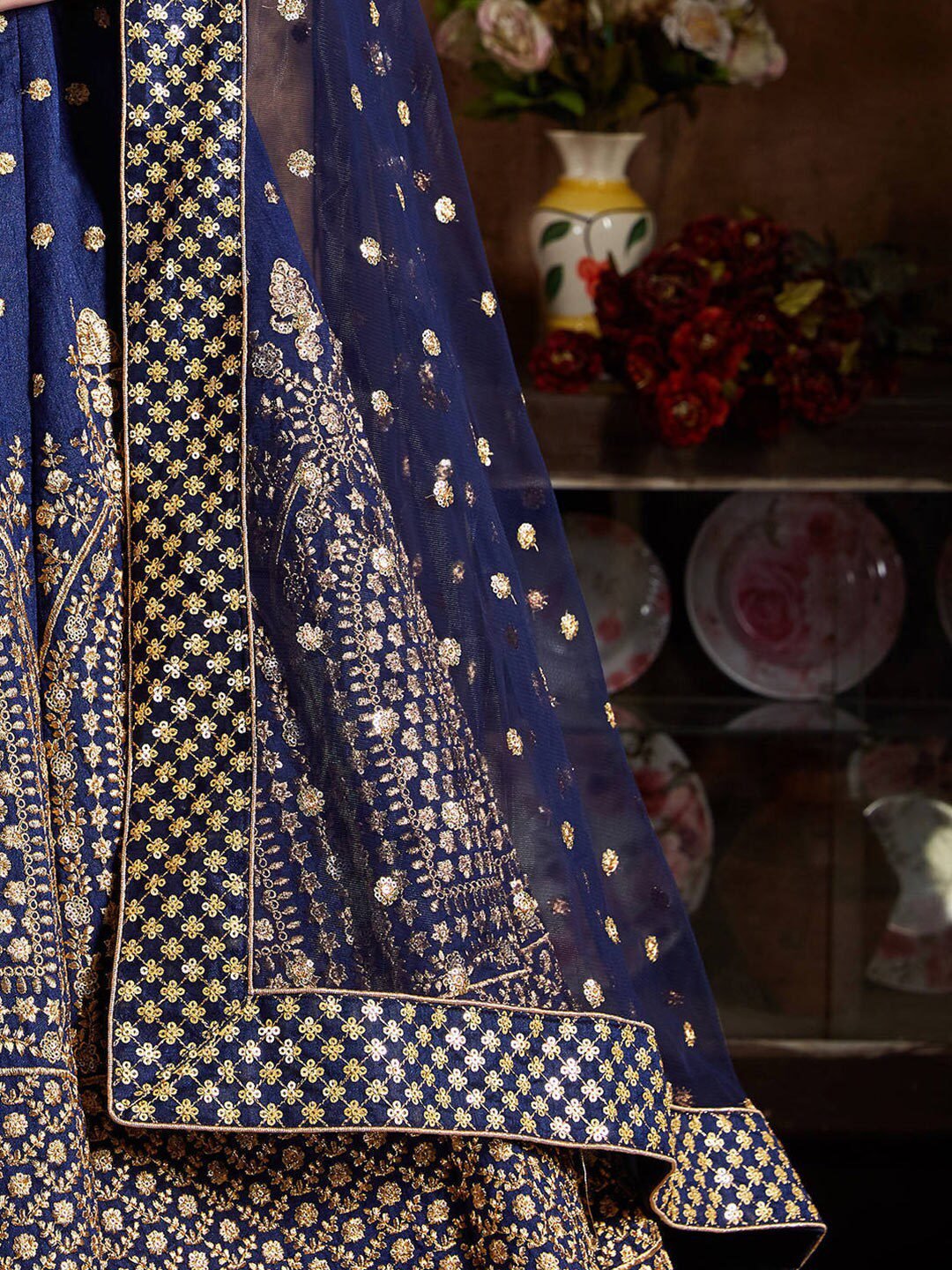 Women Navy Blue & Gold Embroidered Semi-Stitched Lehenga Choli Set