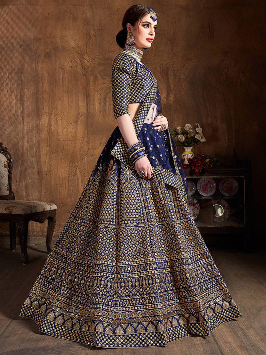 Women Navy Blue & Gold Embroidered Semi-Stitched Lehenga Choli Set