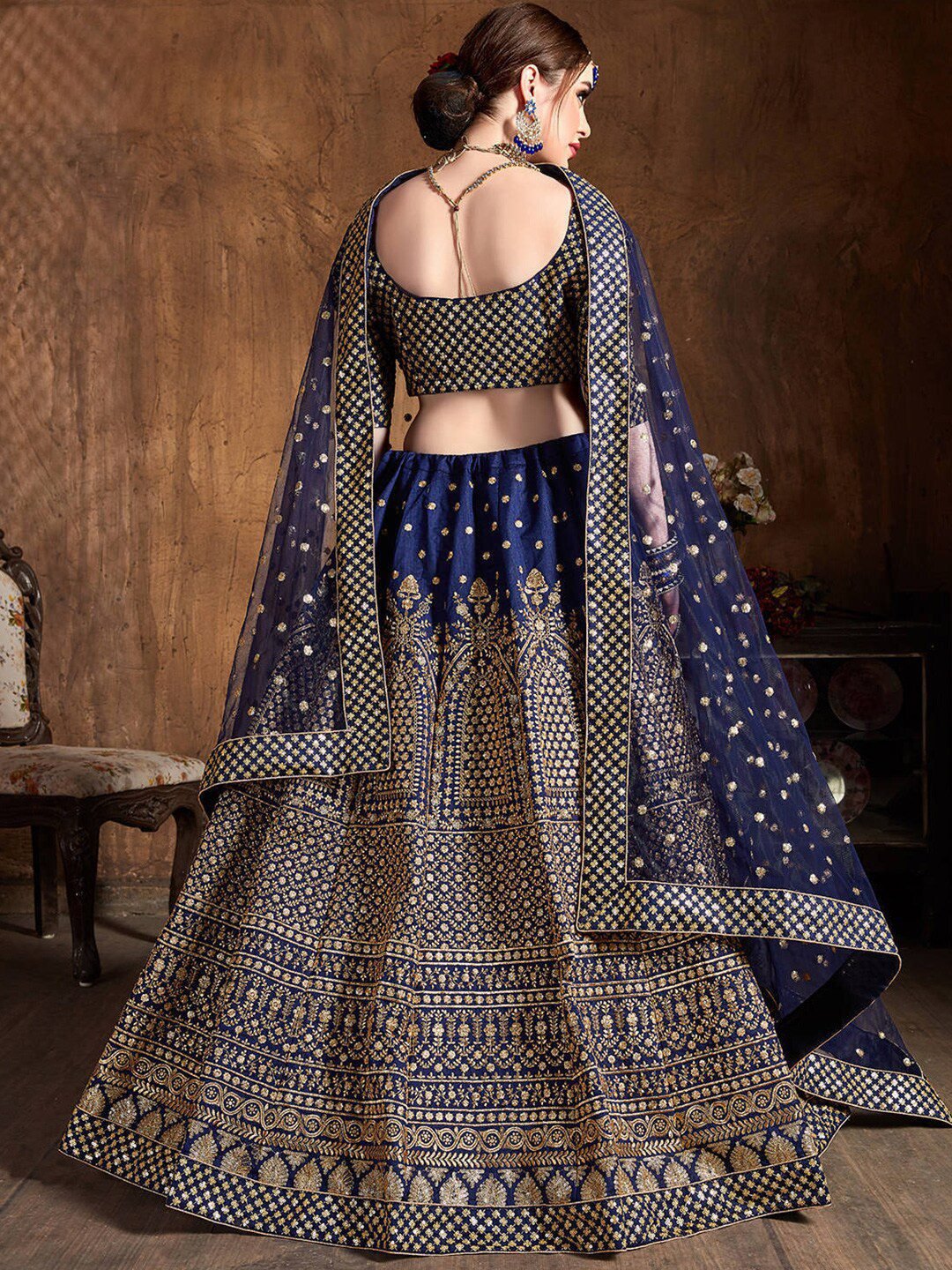 Women Navy Blue & Gold Embroidered Semi-Stitched Lehenga Choli Set