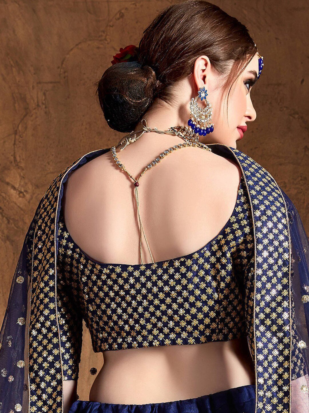 Women Navy Blue & Gold Embroidered Semi-Stitched Lehenga Choli Set