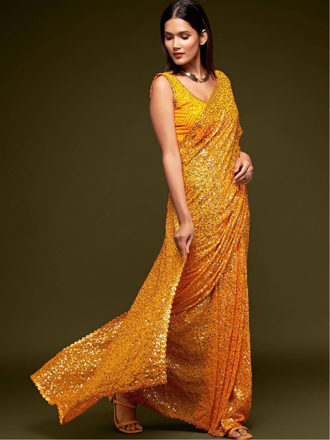 Yellow Fully Sequined Georgette Party Wear Saree