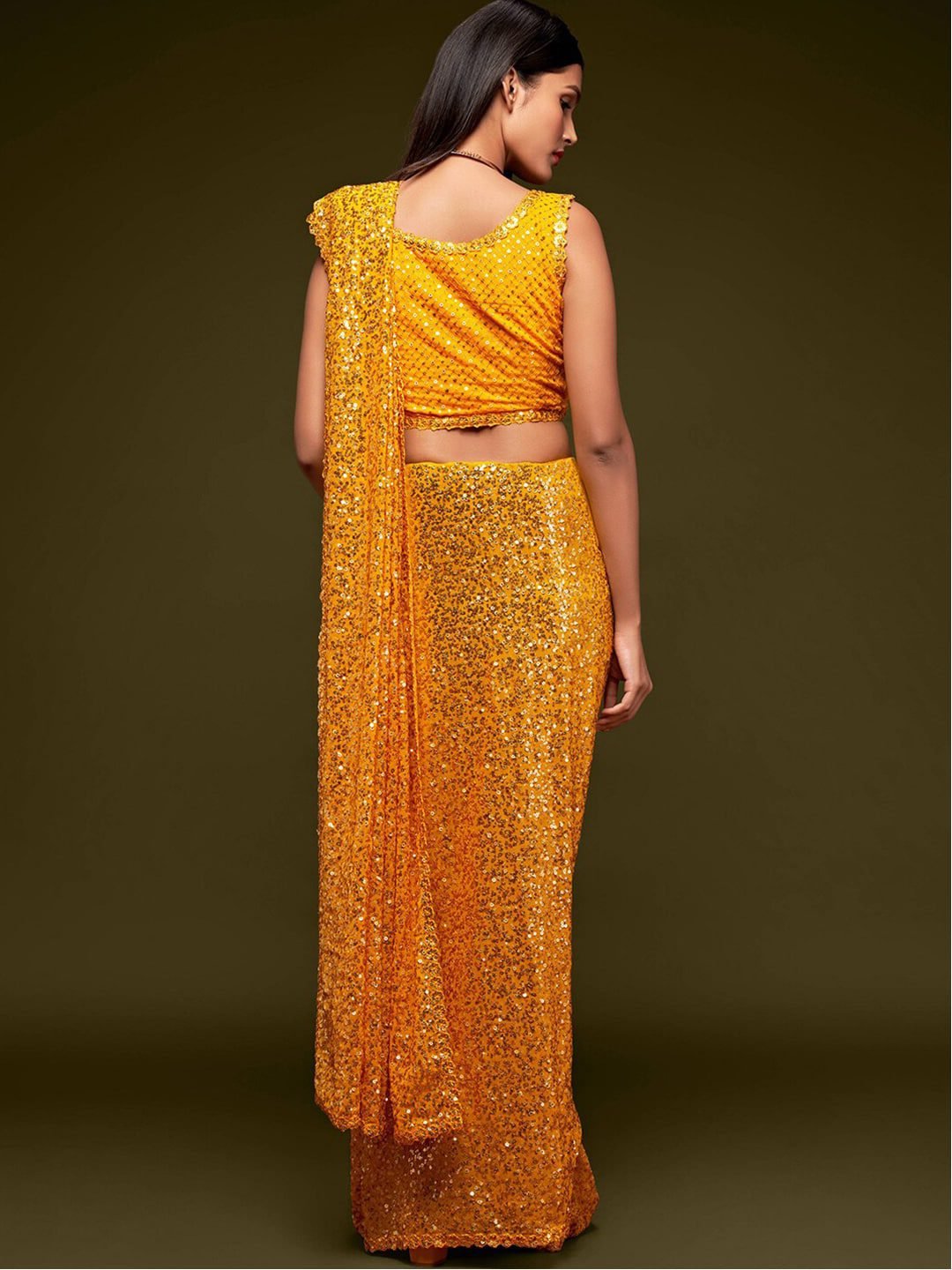 Yellow Fully Sequined Georgette Party Wear Saree
