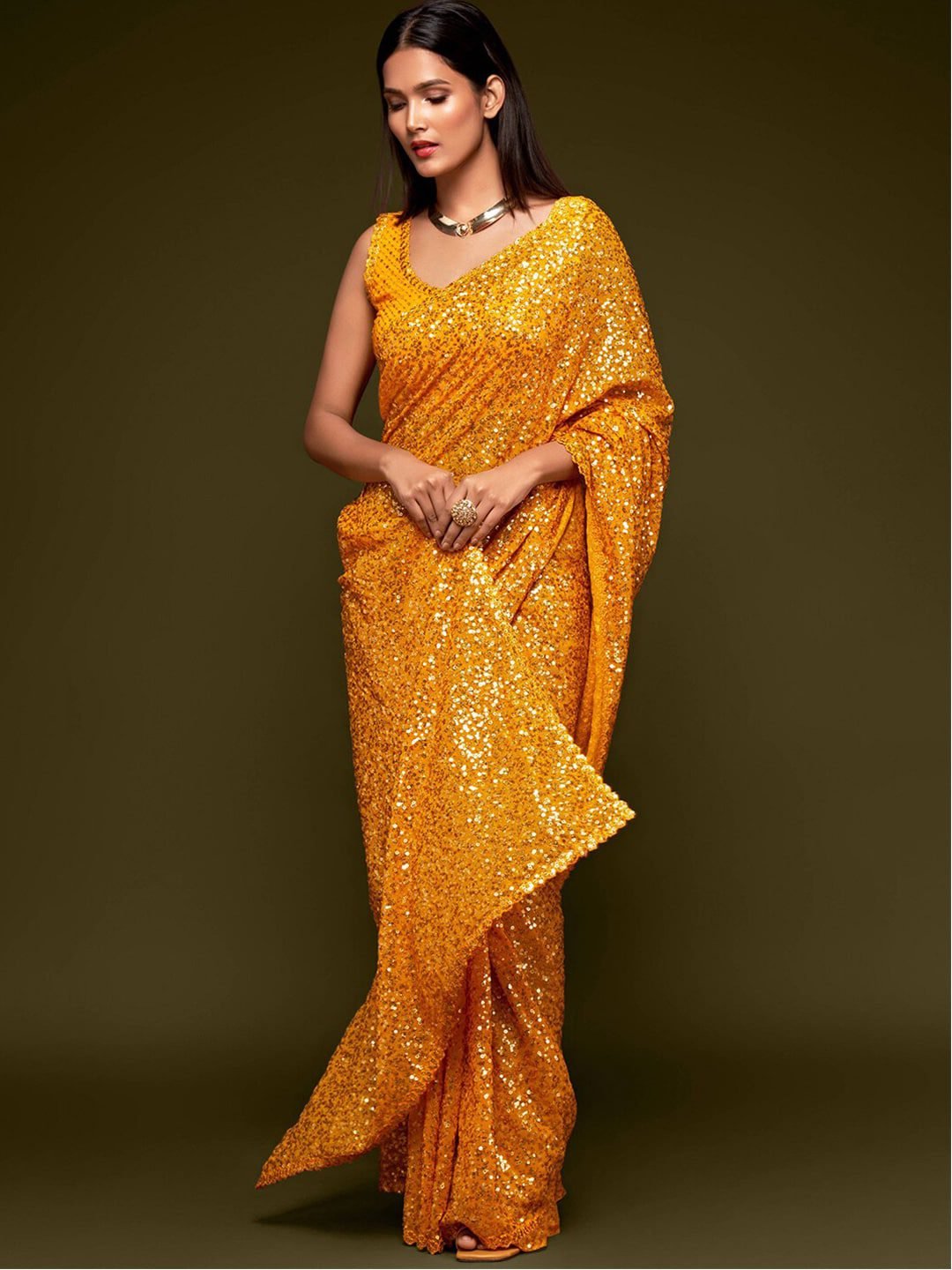 Yellow Fully Sequined Georgette Party Wear Saree