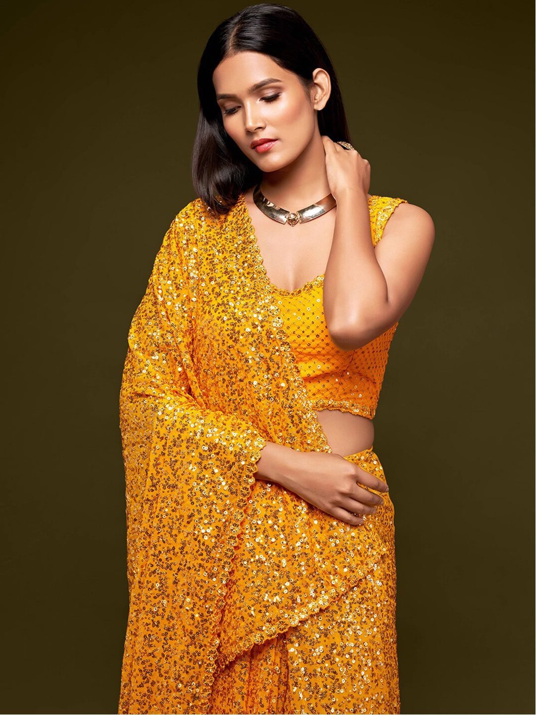 Yellow Fully Sequined Georgette Party Wear Saree