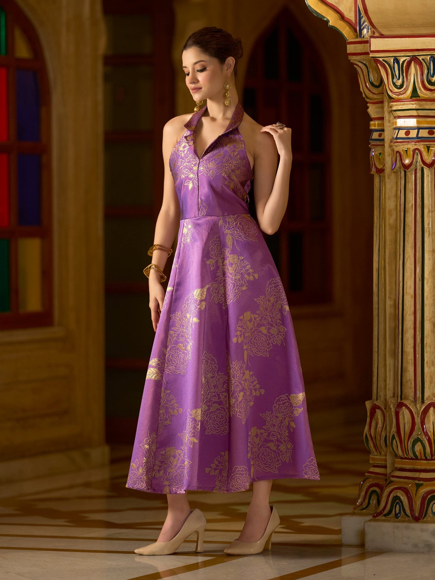 Purple Embellished Midi Length Sleeveless dress