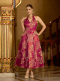 Pink Embellished Midi Length Sleeveless dress