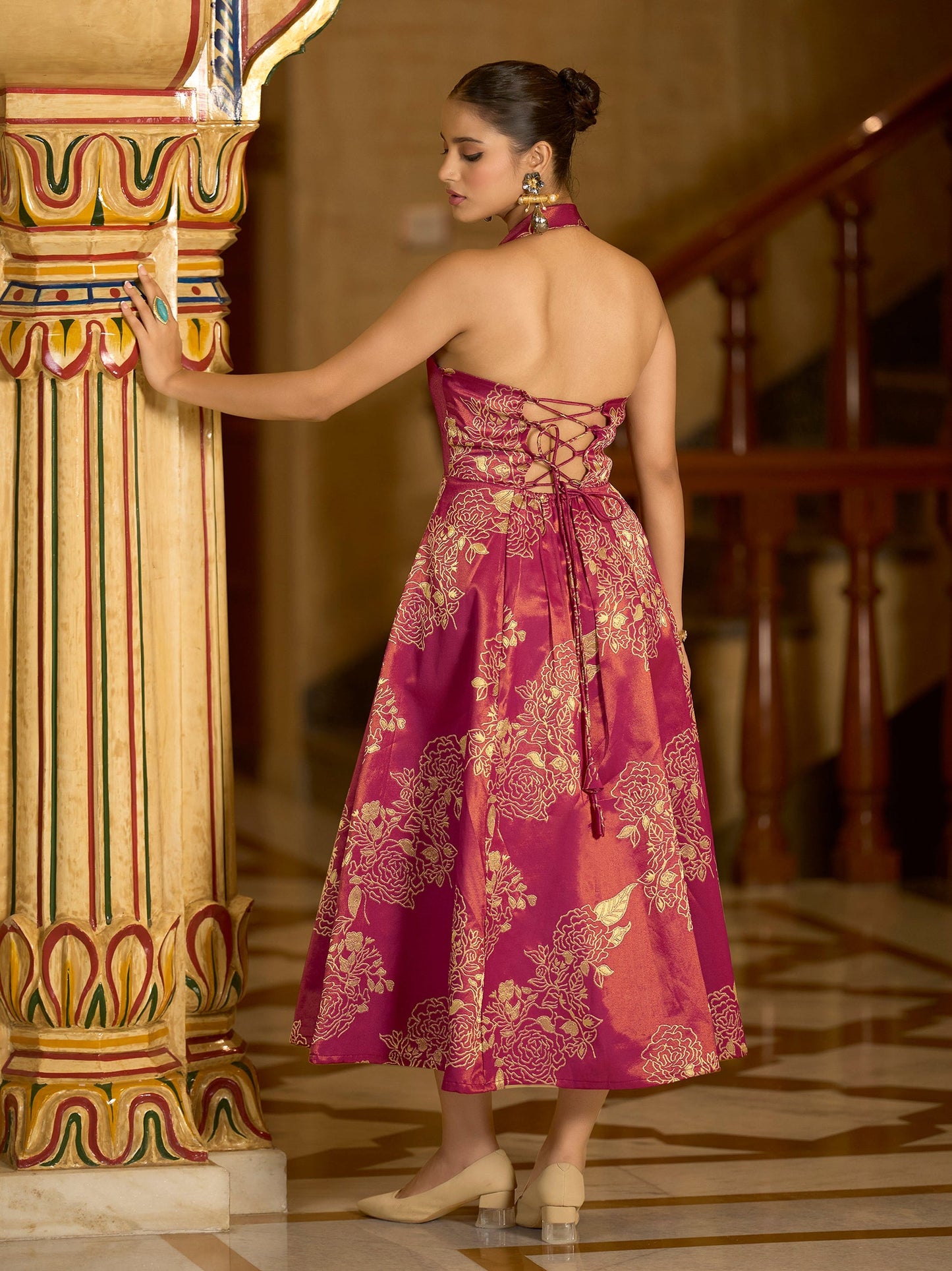 Pink Embellished Midi Length Sleeveless dress