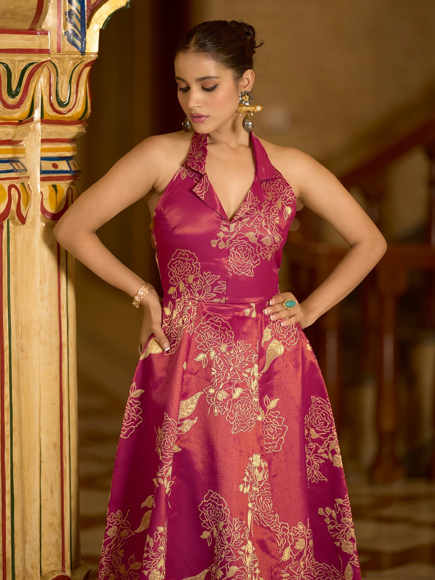 Pink Embellished Midi Length Sleeveless dress