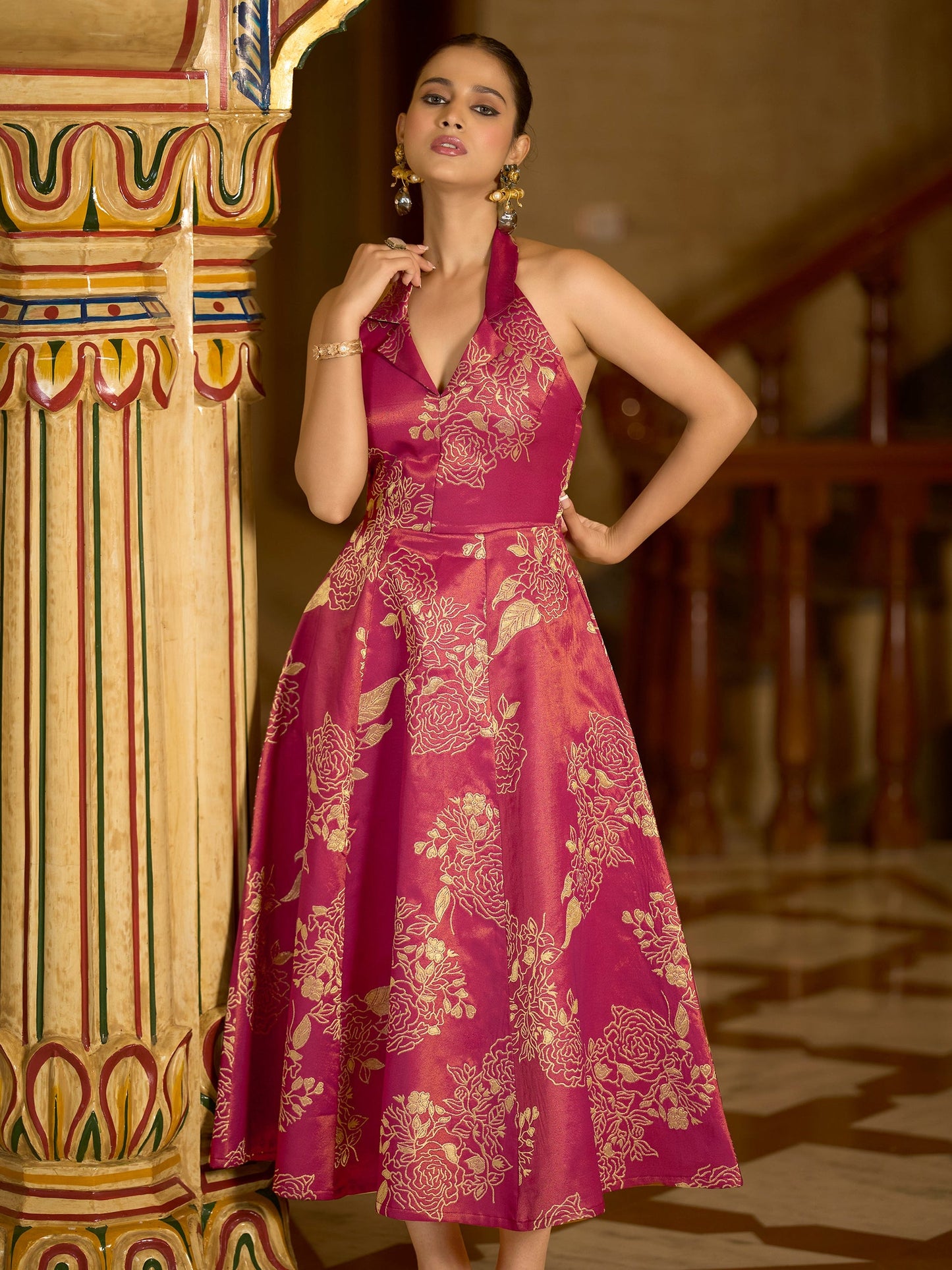 Pink Embellished Midi Length Sleeveless dress