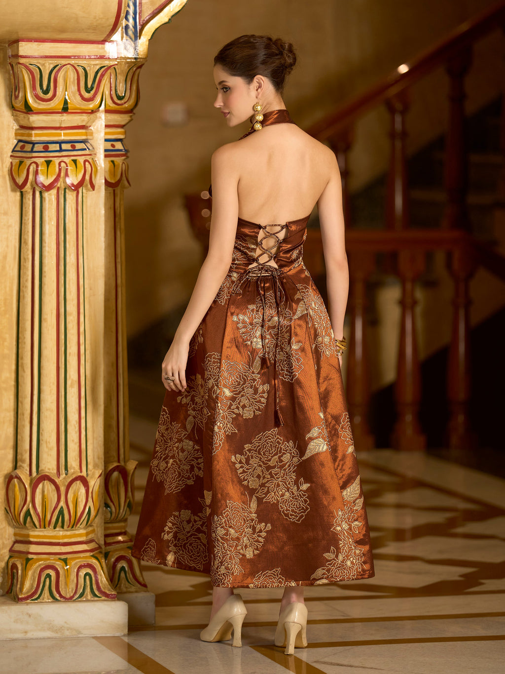 Brown Embellished Midi Length Sleeveless dress