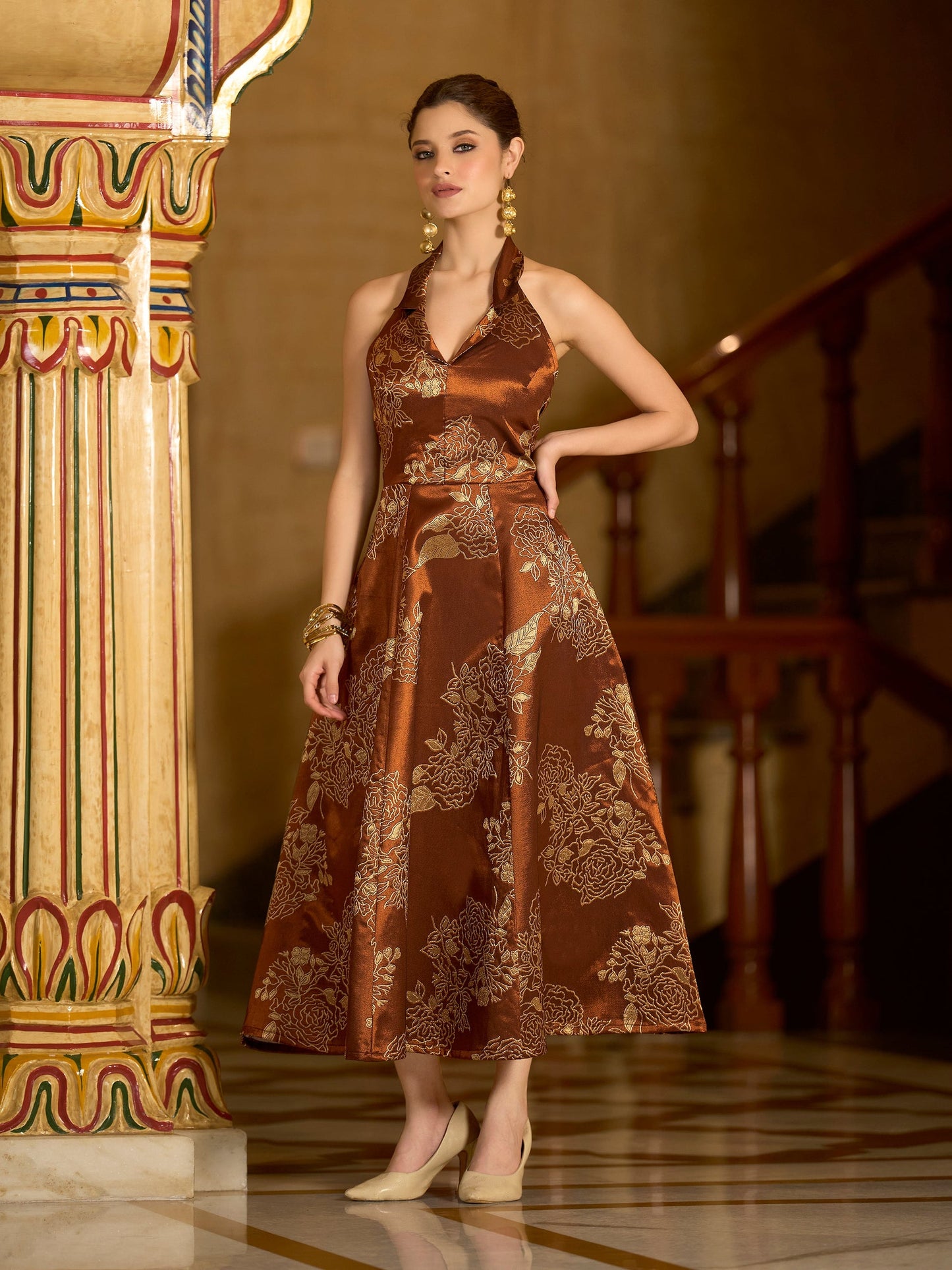 Brown Embellished Midi Length Sleeveless dress