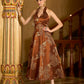 Brown Embellished Midi Length Sleeveless dress