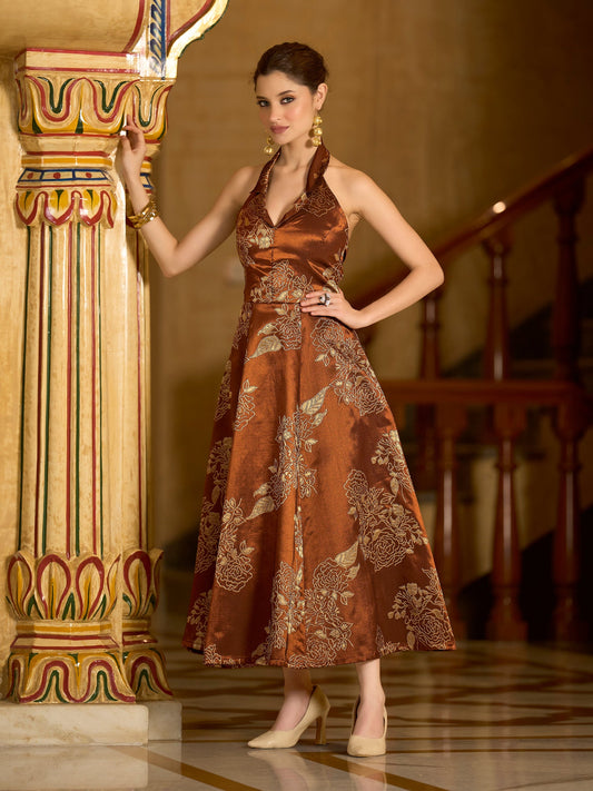 Brown Embellished Midi Length Sleeveless dress