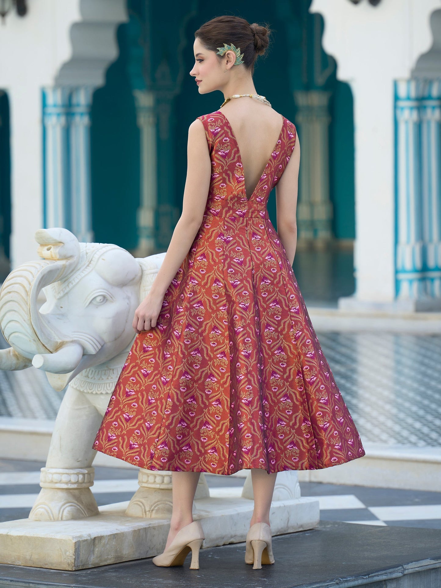 Brown Midi length Sleeveless Embellished Dress