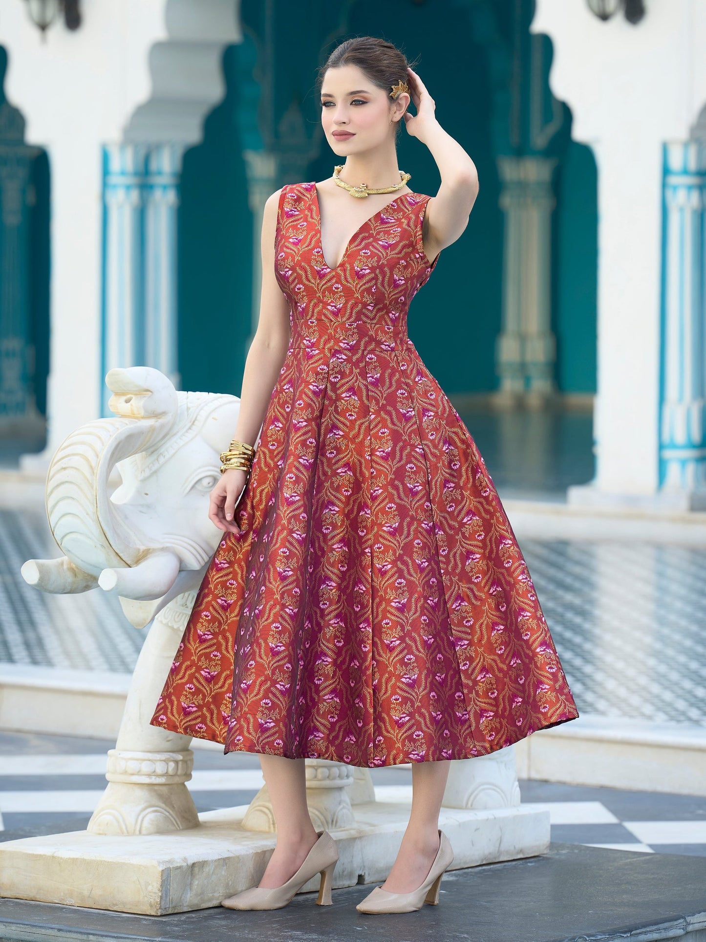Brown Midi length Sleeveless Embellished Dress