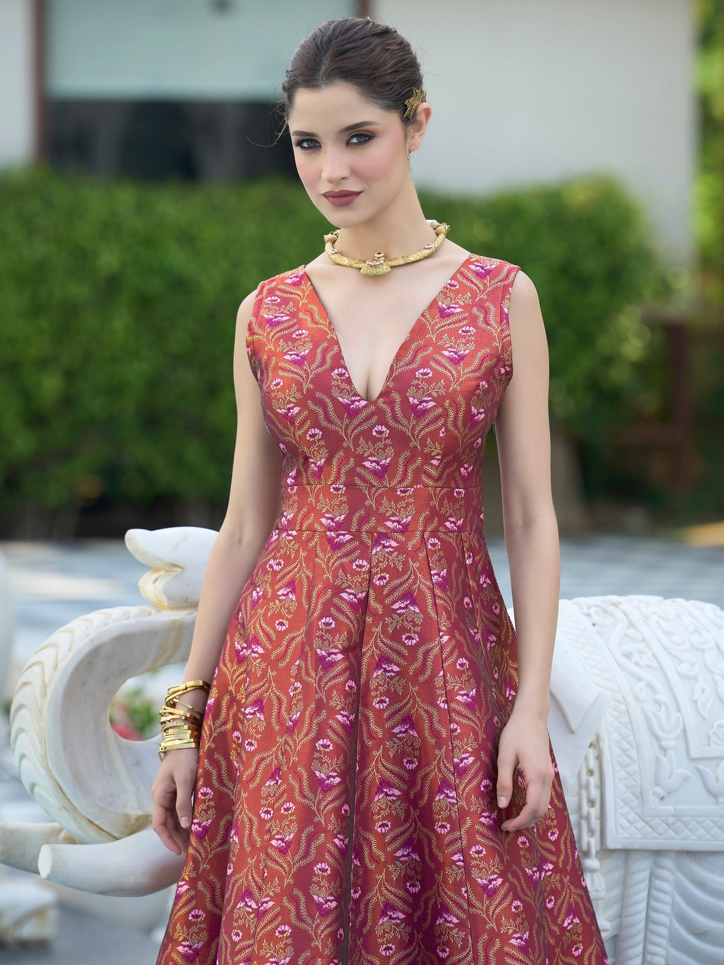 Brown Midi length Sleeveless Embellished Dress