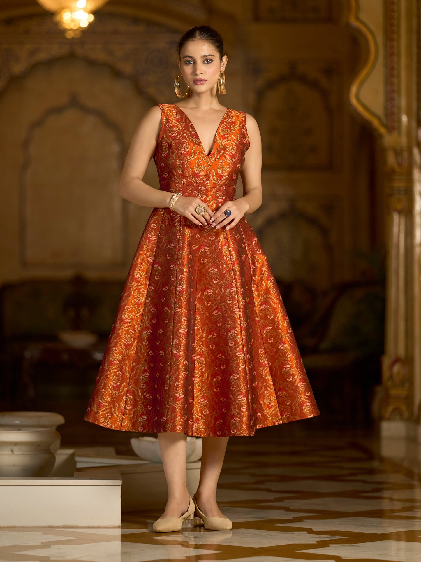 Rust Midi length Sleeveless Embellished Dress