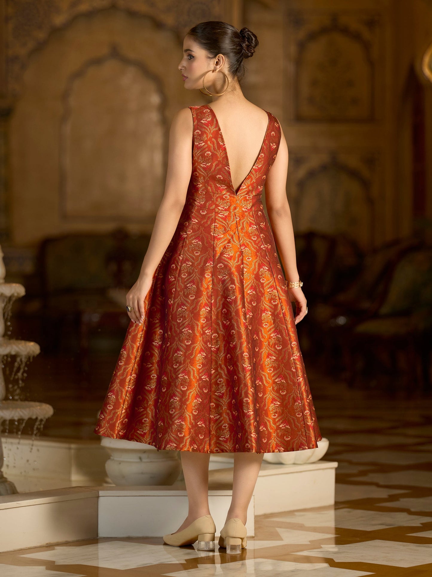 Rust Midi length Sleeveless Embellished Dress