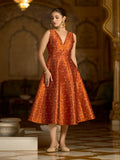 Rust Midi length Sleeveless Embellished Dress