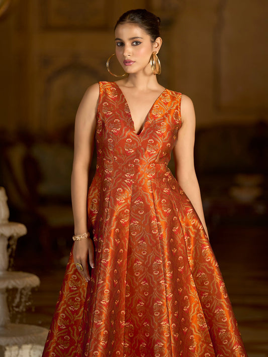 Rust Midi length Sleeveless Embellished Dress