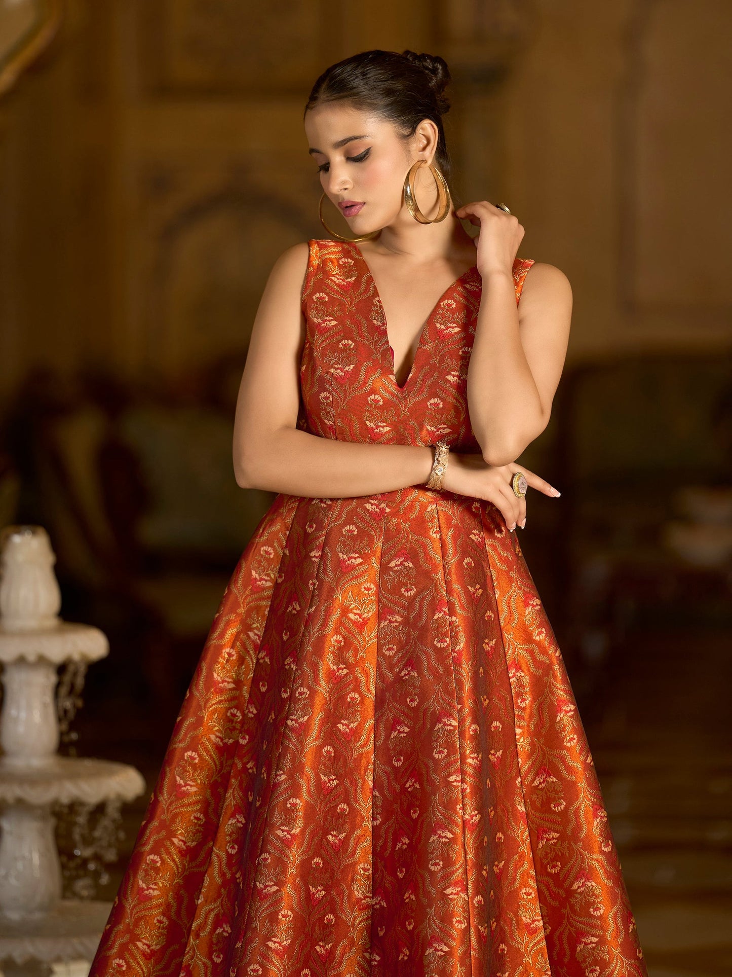 Rust Midi length Sleeveless Embellished Dress
