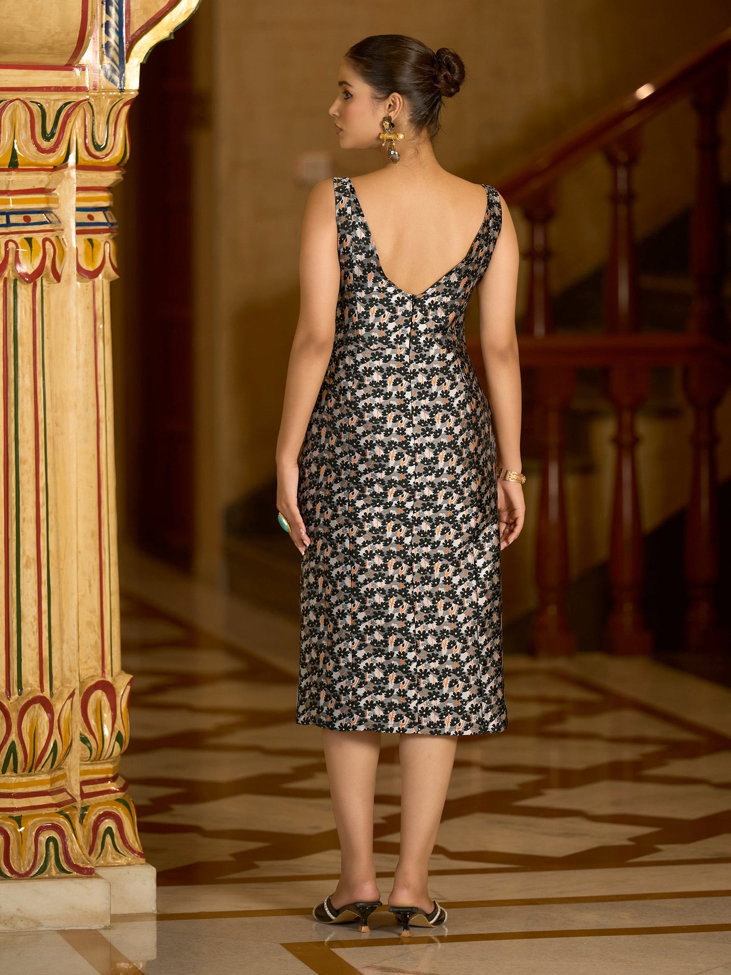 Black Sleeveless Midi Length Embellished Dress