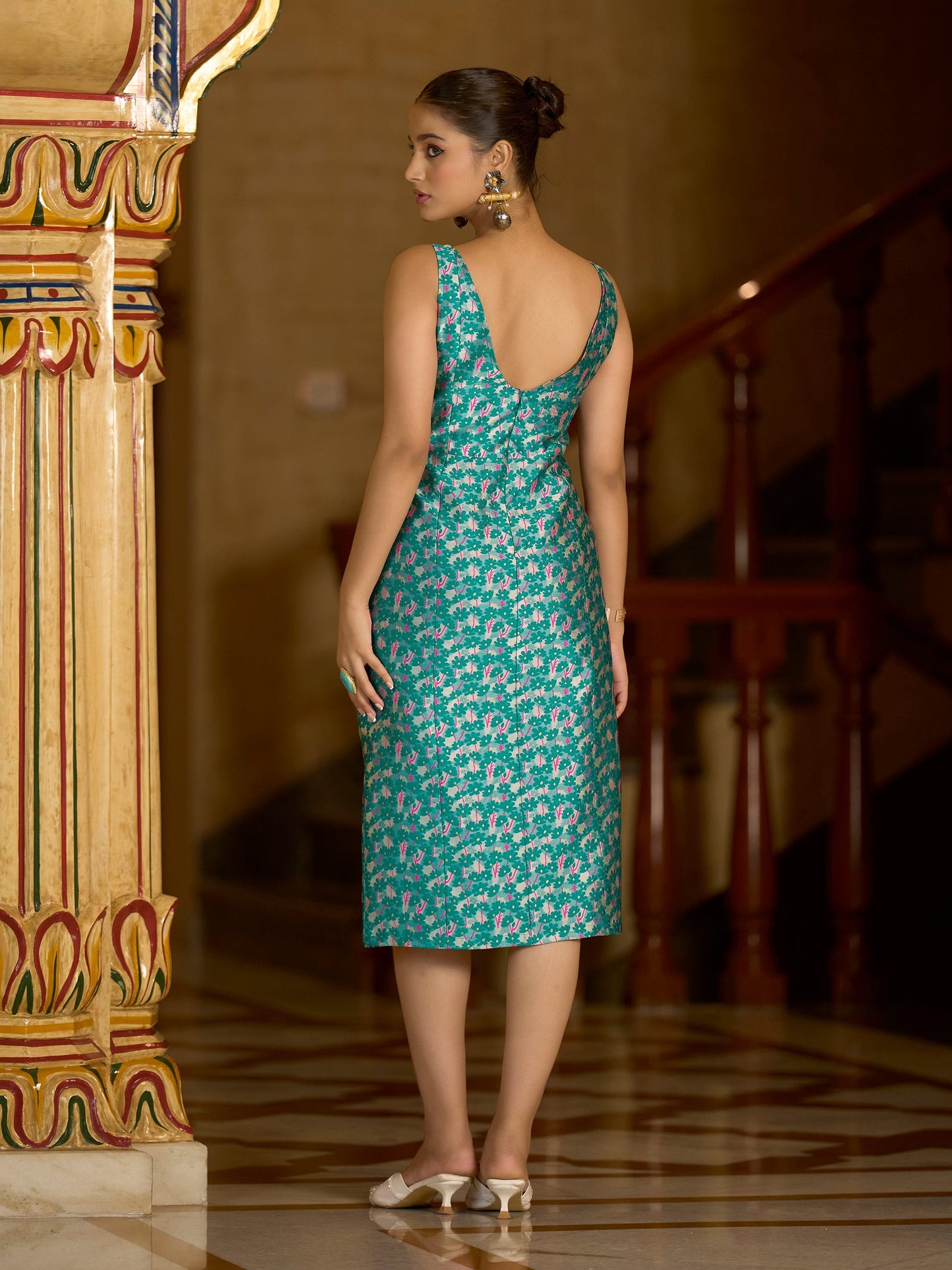 Turquoise Sleeveless Midi Length Embellished Dress