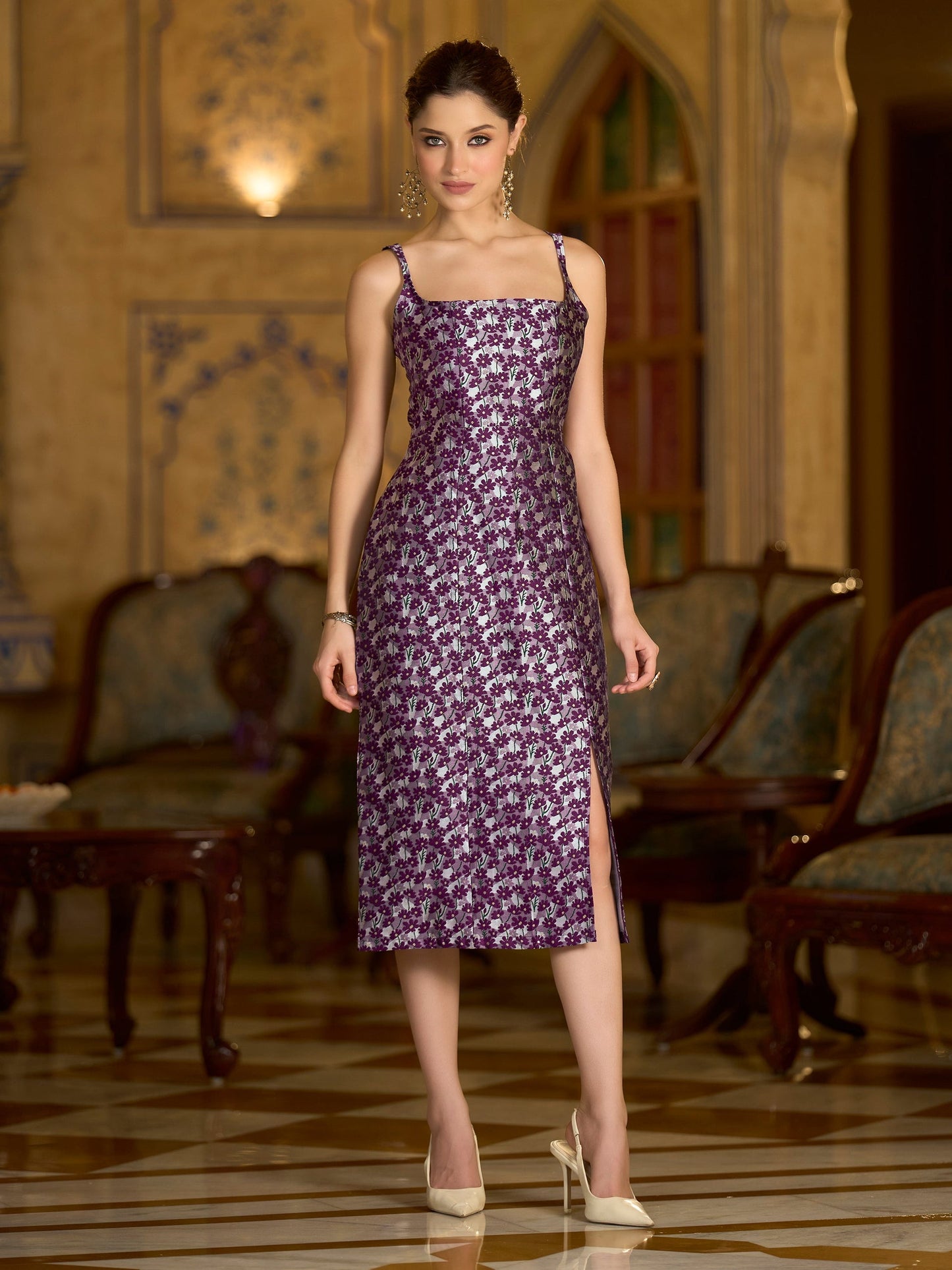 Wine Sleeveless Midi Length Embellished Dress