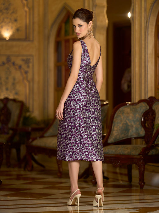 Wine Sleeveless Midi Length Embellished Dress