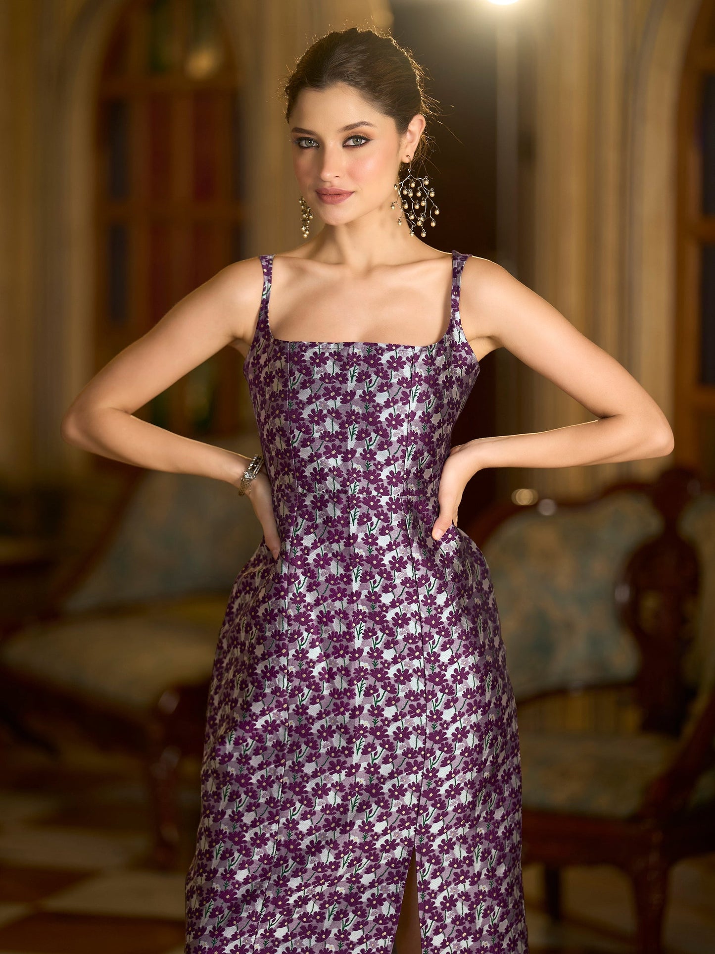 Wine Sleeveless Midi Length Embellished Dress