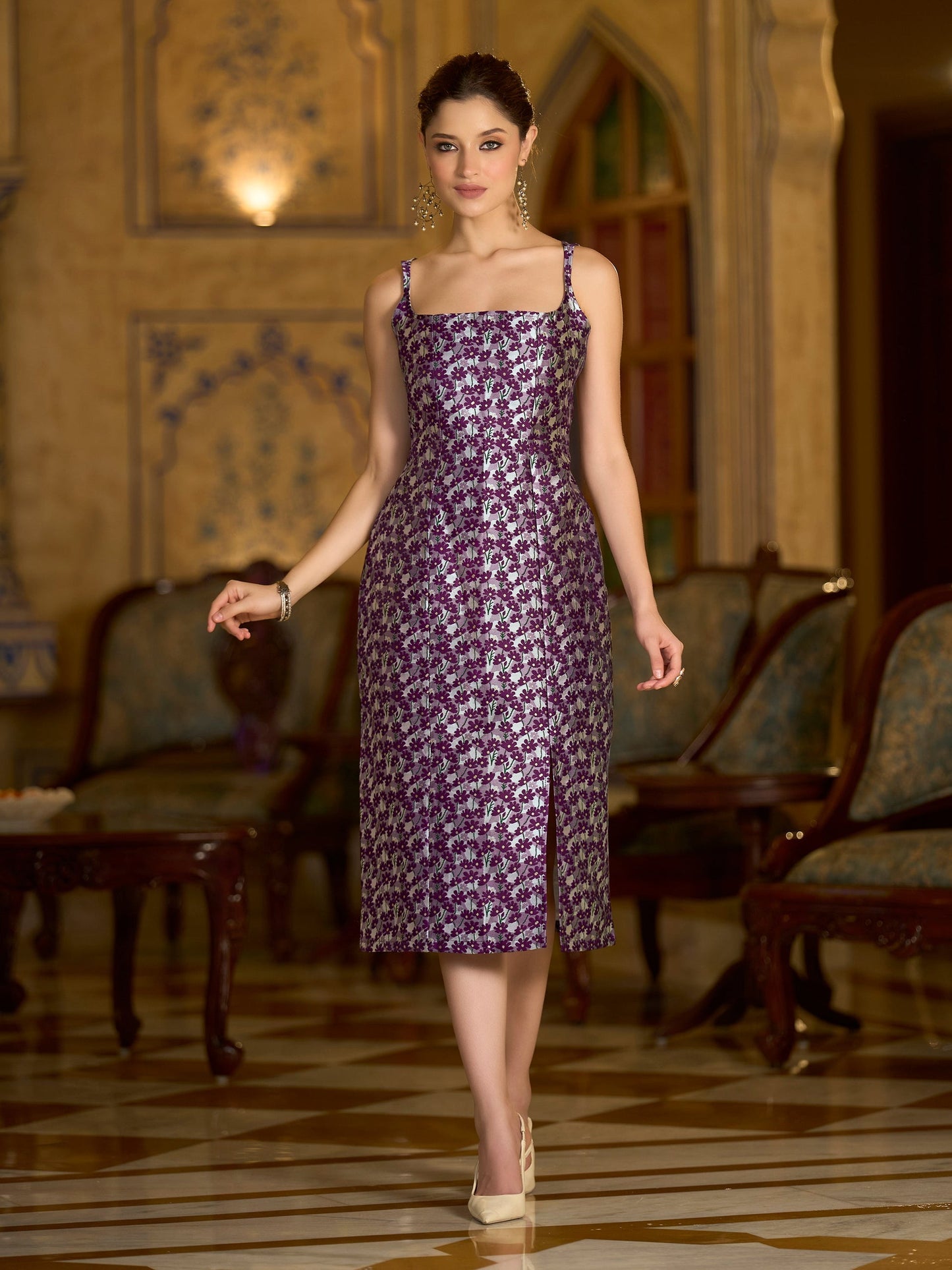 Wine Sleeveless Midi Length Embellished Dress