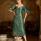Teal Midi Length Embellished Puff Sleeve Dress
