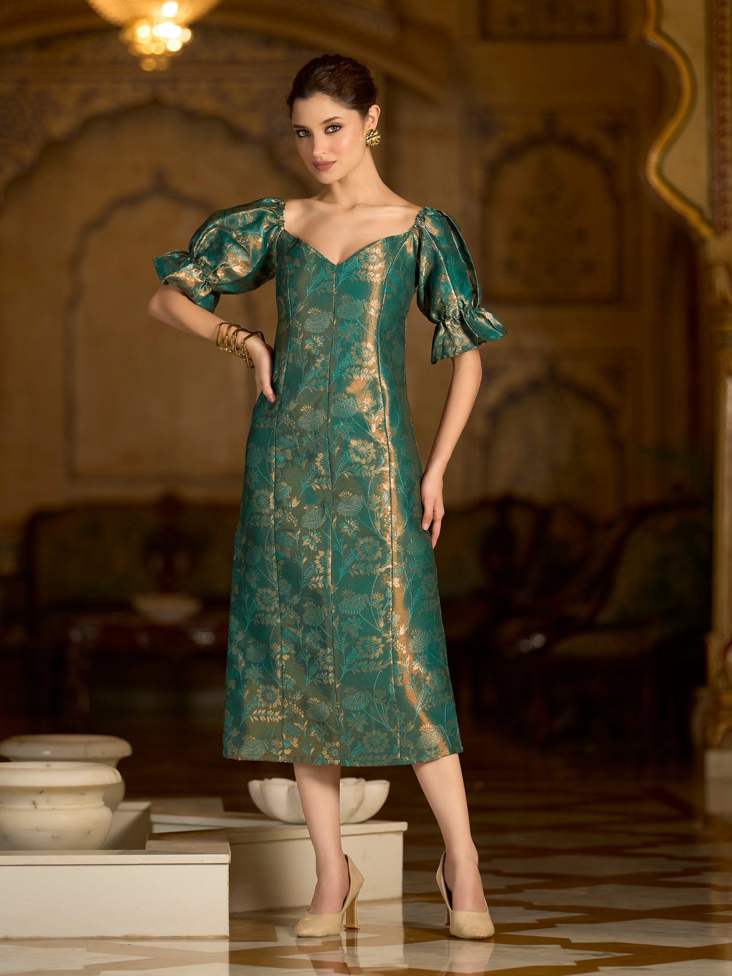 Teal Midi Length Embellished Puff Sleeve Dress