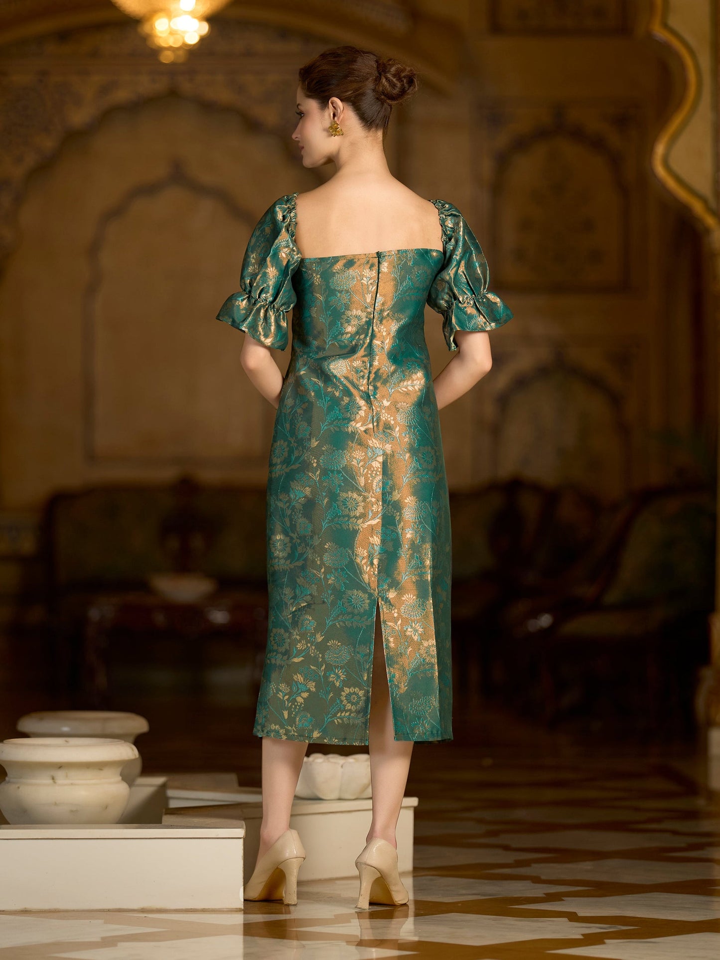 Teal Midi Length Embellished Puff Sleeve Dress