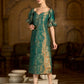 Teal Midi Length Embellished Puff Sleeve Dress