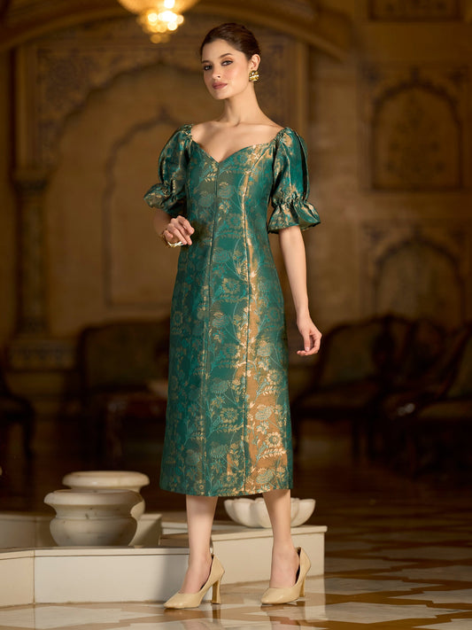Teal Midi Length Embellished Puff Sleeve Dress