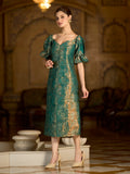 Teal Midi Length Embellished Puff Sleeve Dress