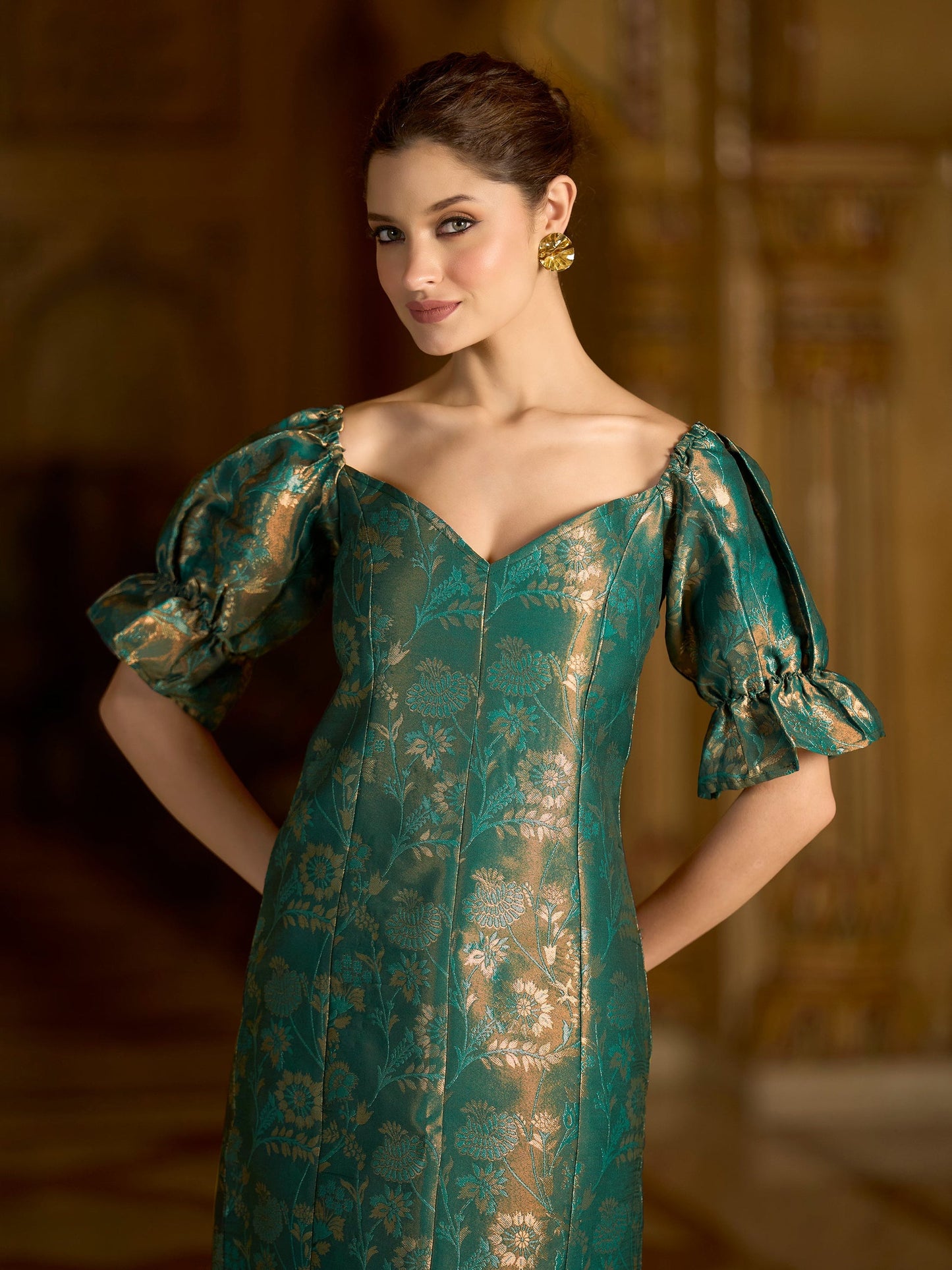 Teal Midi Length Embellished Puff Sleeve Dress