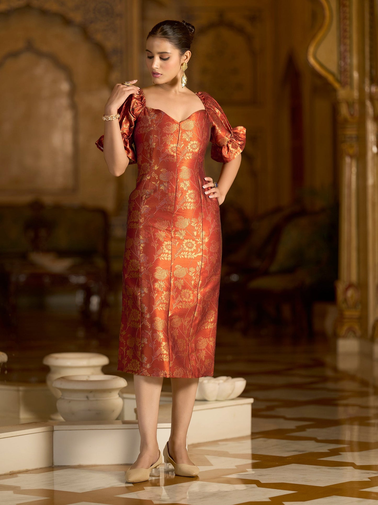 Rust Midi Length Embellished Puff Sleeve Dress