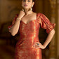 Rust Midi Length Embellished Puff Sleeve Dress