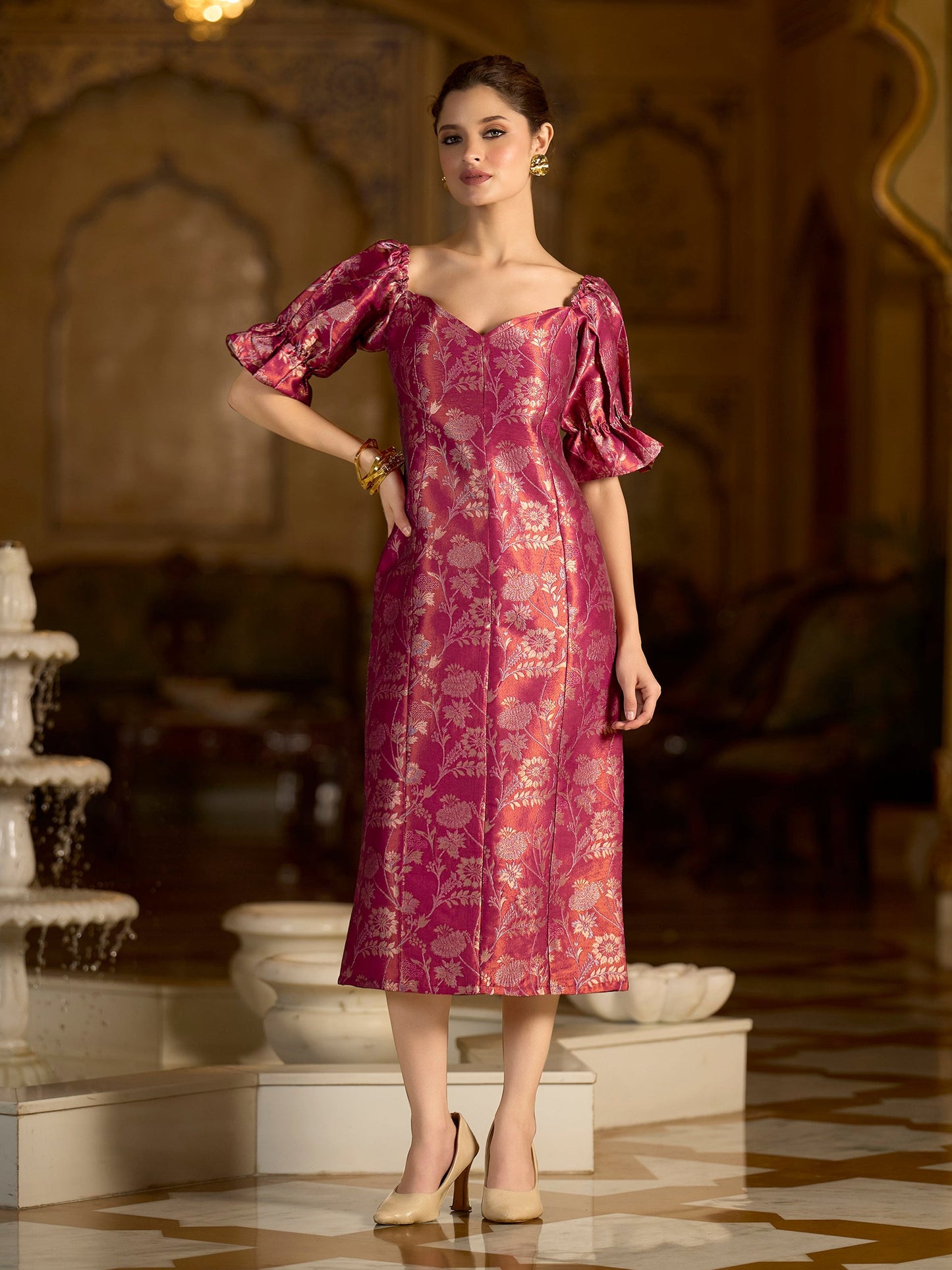 Pink Midi Length Embellished Puff Sleeve Dress